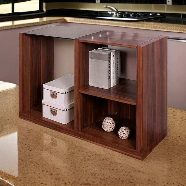 Benjara 15.62 in. Brown and Black Rectangle Glass Console Table with Black Glass Top and Open Shelves