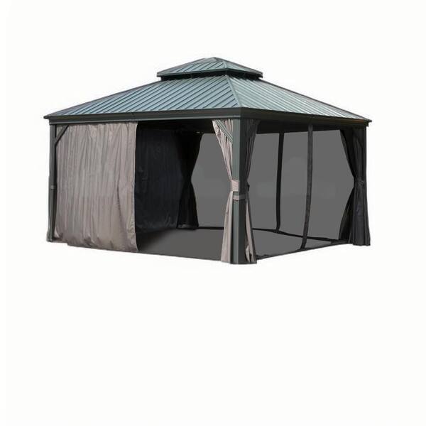 12 ft. x 14 ft. Hardtop Gazebo, Permanent Aluminum Gazebo with Galvanized Steel Double Roof, Drainage Gutters