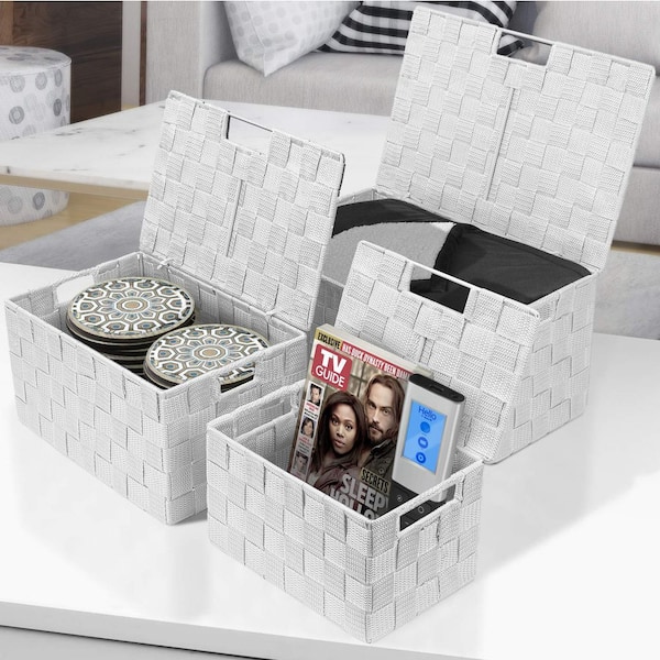 Set of 3 White Woven Storage Baskets with Lids-Mesh Organizer Bin