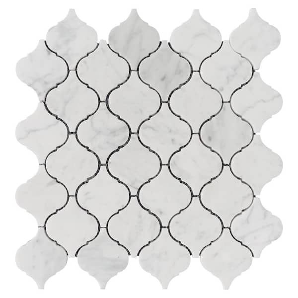 MOLOVO Natural Carrara White 12.01 in. x 12.21 Arabesque Polished Marble Mosaic Tile Sample