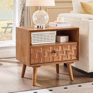 Oak 1-Drawer Mid-Century Nightstand with Carved Geometric Drawer Front