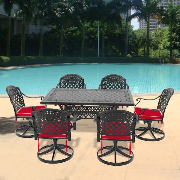 Willit Isabella 7-Piece Cast Aluminum Patio Outdoor Dining Set with Rectangular Dining Table,6 Swivel Chairs and 6 Red Cushions