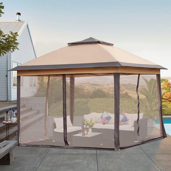 OVASTLKUY 11 ft. x 11 ft. Brown Outdoor Double-Roofed Patio Canopy