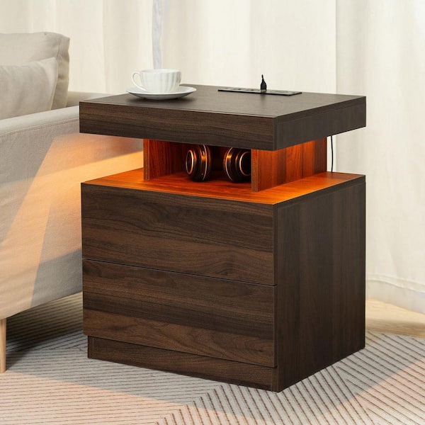 Modern Walnut 2-Drawer 19.7 in. W Nightstand with Smart LED Light and Wireless Charging Station