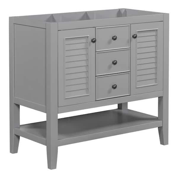 FUNKOL 35 in. W x 17.9 in. D x 33.4 in. H Solid Wood Frame Bath Vanity Cabinet without Top with Drawer, Open Shelf in Gray