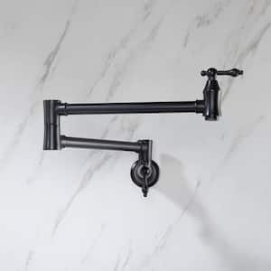 Wall Mounted Pot Filler Folding Kitchen Faucet Brass Countertop Articulating Commercial Double Handle Tap in Matte Black