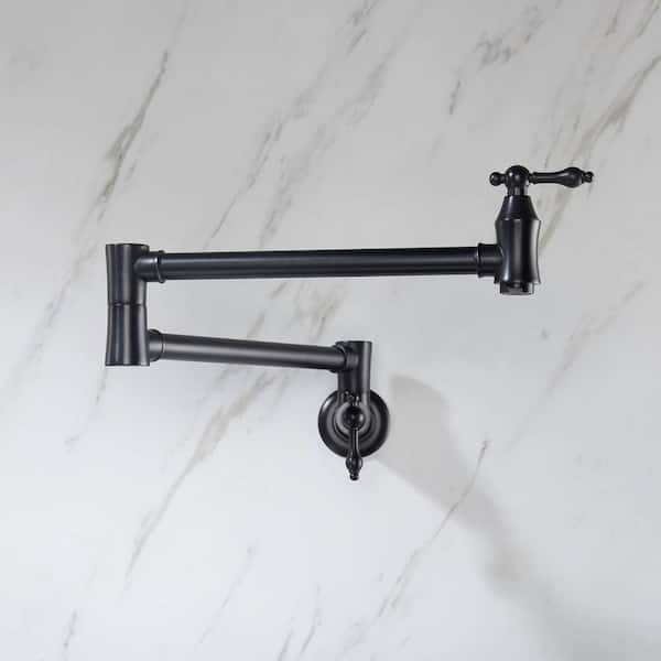 FLG Wall Mounted Pot Filler Folding Kitchen Faucet Brass Countertop Articulating Commercial Double Handle Tap in Matte Black