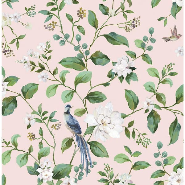 30.75 sq. ft. Blush Chinoiserie Bird Vine Premium Matte Non-Woven Paper Peel and Stick Wallpaper Roll