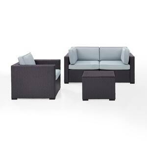 Biscayne 3-Person Wicker Outdoor Seating Set with Mist Cushions - 2 Corner Chairs, 1 Arm Chair, 1 Coffee Table