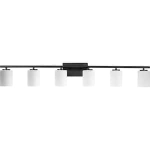 Replay 48 in. 6-Light Textured Black with Etched White Glass Shades Modern Bath Vanity Light for Bathroom