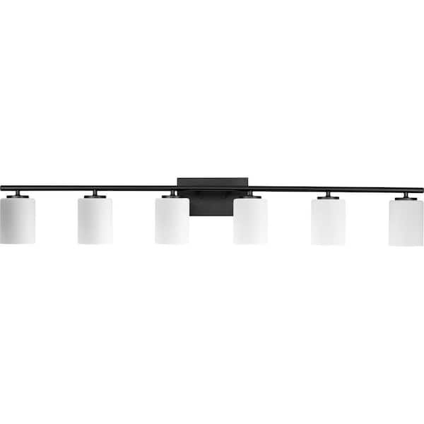 Progress Lighting Replay 48 in. 6-Light Textured Black with Etched White Glass Shades Modern Bath Vanity Light for Bathroom