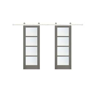 60 in. x 84 in. 4-Lite Clear Coat Driftwood Mistlite Interior Sliding Barn Door with Satin Nickel Hardware Kit