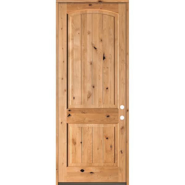 32 in. x 96 in. Rustic Knotty Alder Top Arch V-Grooved Left-Hand/Inswing BEHR Cedar Stain Wood Prehung Front Door