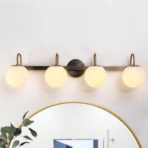 33 in. Brushed Gunmetal Grey Modern Bathroom Vanity Light 4-Light Brass Powder Room Wall Sconce with White Glass Globes