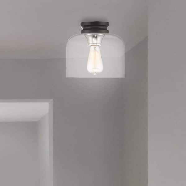 9 in. Ezra 1-Light Black Interior Ceiling Light Flush Mount with Clear Glass Shade