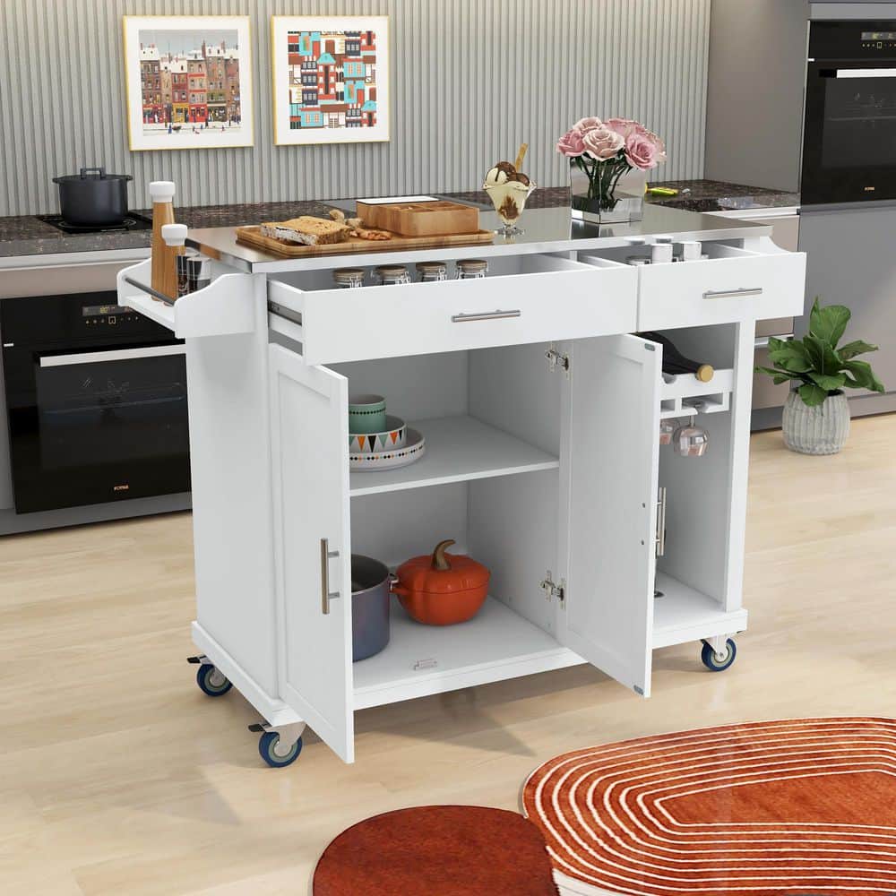 ANTFURN White Rolling Kitchen Cart with Stainless Steel Top and Storage