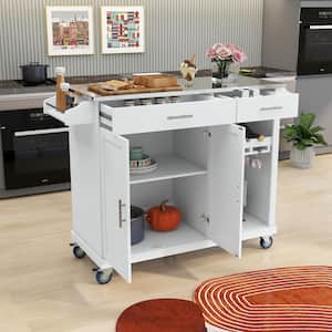 White Rolling Kitchen Cart with Stainless Steel Top and Storage Cabinet