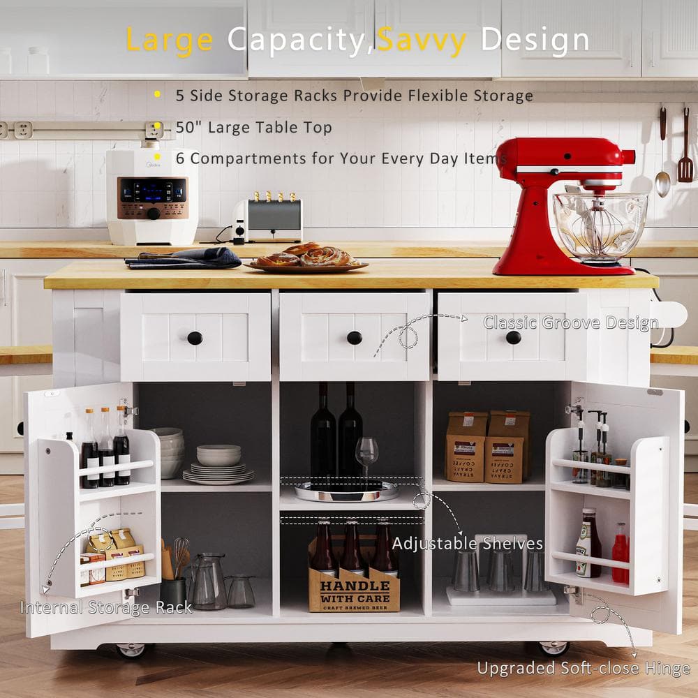 Farmhouse White Drop Leaf Wood Kitchen Island with Power Outlet and Adjustable Shelves
