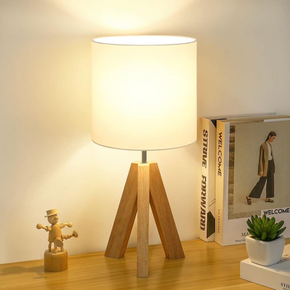 Nordic Hygge 16 in. Small Wood Tripod Table Lamp with White Fabric