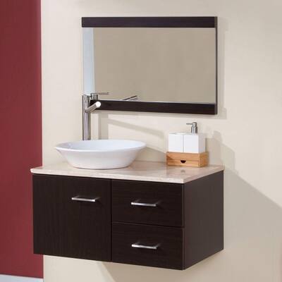 Sicily 30 in. W x 19 in. D Bathroom Vanity Combo in Ebony with Natural Stone Vanity Top in Travertine and Mirror