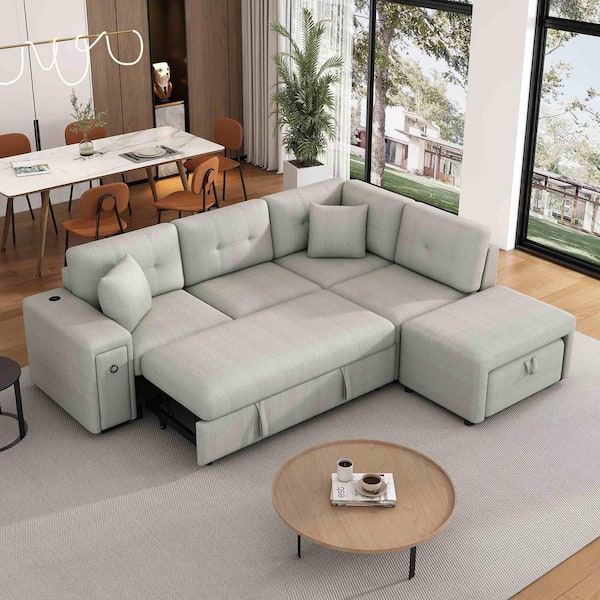 86.6 in. Square Arm Chenille L-Shaped Sectional Sofa in. Gray with Sofa Bed, Ottoman, 2-USB Ports and 2-Cup Holders