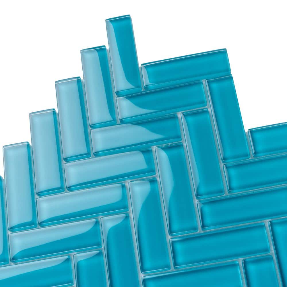 Sea Blue Herringbone Polished Glass Mosaic Tile 11" x 12.6"