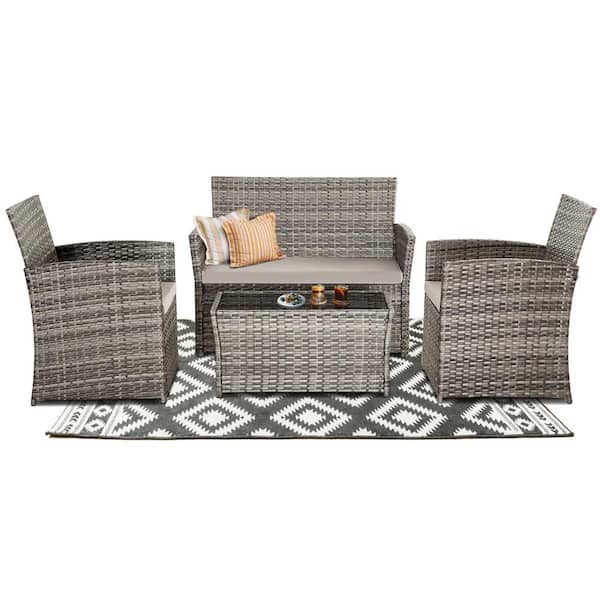 MIRAFIT 4-Piece Gray Wicker Bistro Patio Conversation Set with Table and Gray Cushions