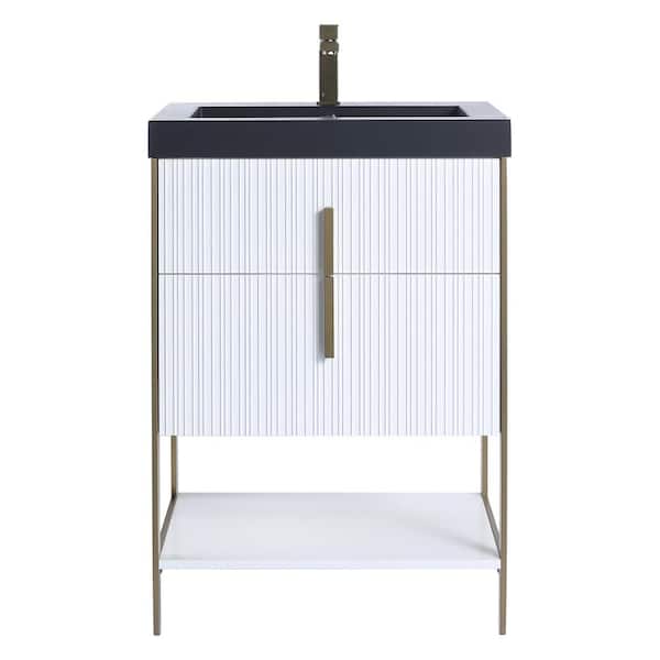 FINE FIXTURES 24 in. W x 18 in. D x 33.5 in. H White Bath Vanity with Gel Coated Acrylic Top in Black with Satin Brass Hardware