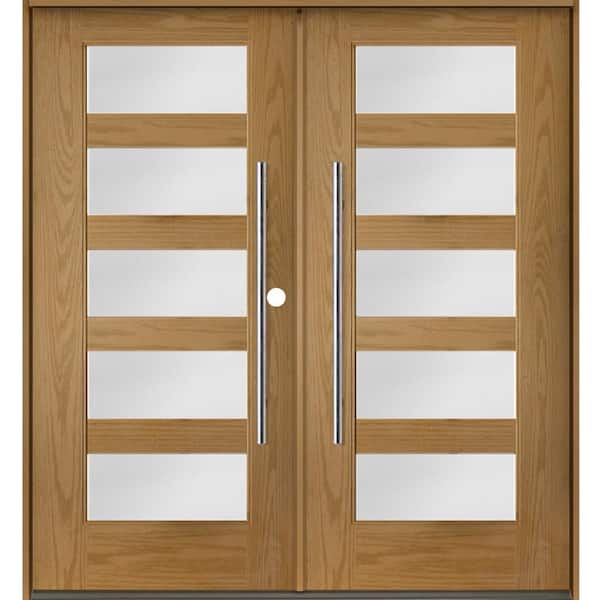 Krosswood Doors Faux Pivot 72 in. x 80 in. Left-Active/Inswing 5-Lite Satin Glass Bourbon Stain Double Fiberglass Prehung Front Door