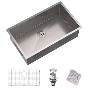 32 in. Undermount Single Bowl 16-Gauge Stainless Steel Kitchen Sink with Drain and Bottom Grid