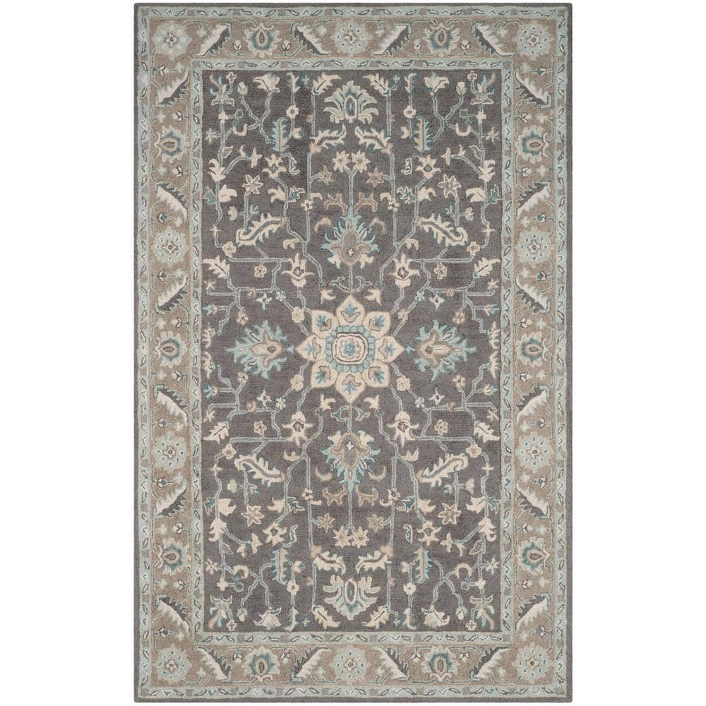 Blossom Dark Gray and Light Brown Floral Wool Area Rug, 6' x 9'