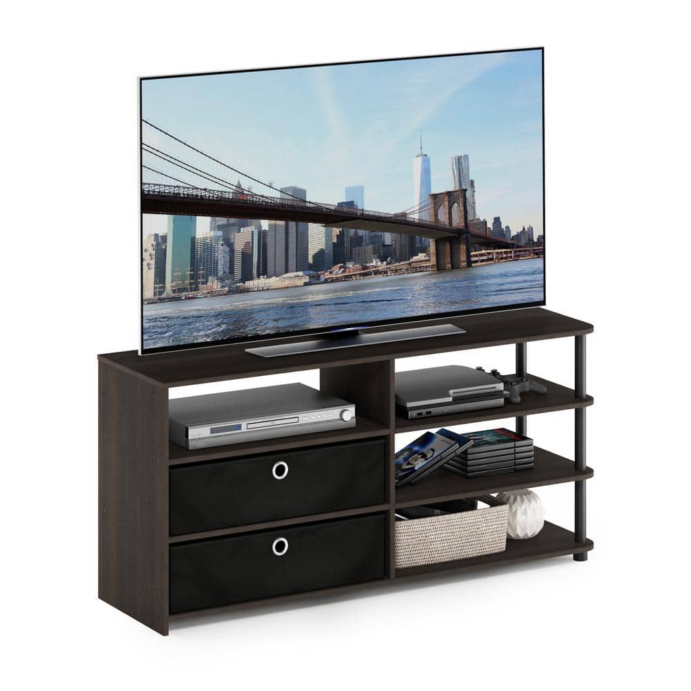 Modern Walnut Wood TV Stand with Storage Bins for 55-Inch TV