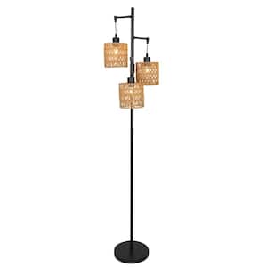 65 in. Light Black Tree Floor Lamp With 3-Light Brown Rattan Shades