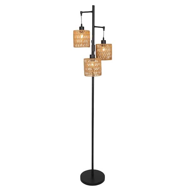 Pia Ricco 65 in. Light Black Tree Floor Lamp With 3-Light Brown Rattan Shades
