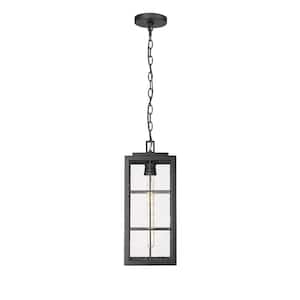 Jaxson 18.75 in. 1-Light Powder Coated Black Dimmable Outdoor Hardwire Pendant Light with Clear Seeded No Bulbs Included