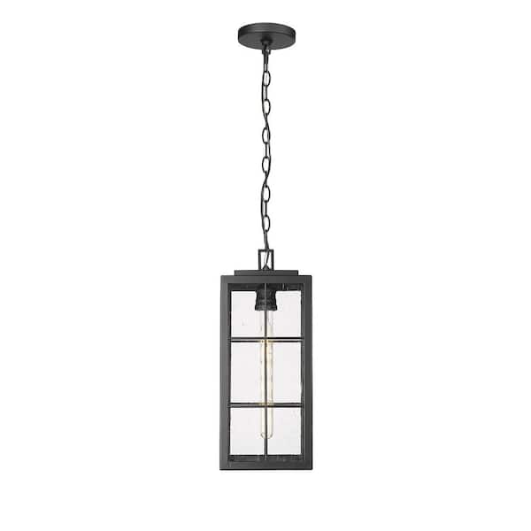 Millennium Lighting Jaxson 18.75 in. 1-Light Powder Coated Black Dimmable Outdoor Hardwire Pendant Light with Clear Seeded No Bulbs Included