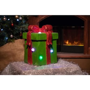 14 in. Green Giftbox Statue with Color Changing LED Lights and Timer