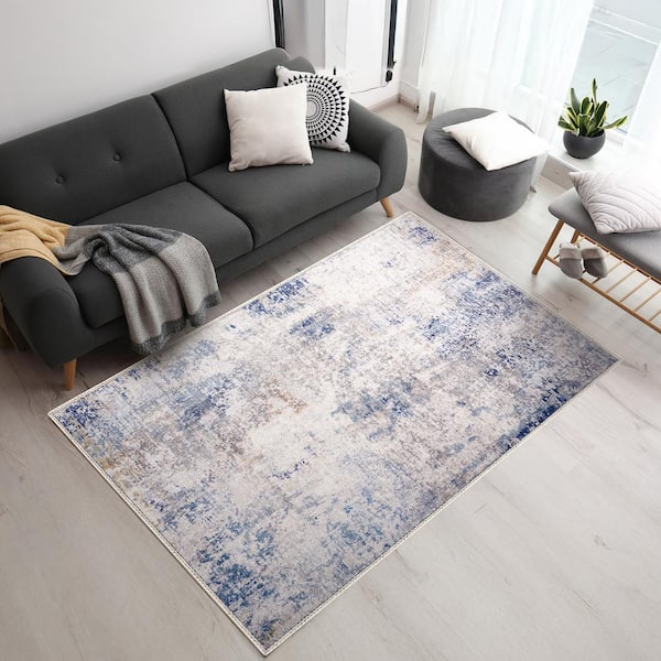 5x7 FT Blue Area Rug, Machine Washable, Non-Slip, Vintage Rug-Low Pile Non-Shedding Area Rugs with Rubber Backing