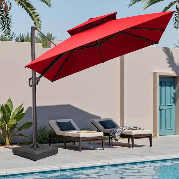 Pellebant 11 ft. 2-Tier Square Aluminum Outdoor Cantilever Umbrella Offset 360° Rotation Patio Umbrella in Red with Base