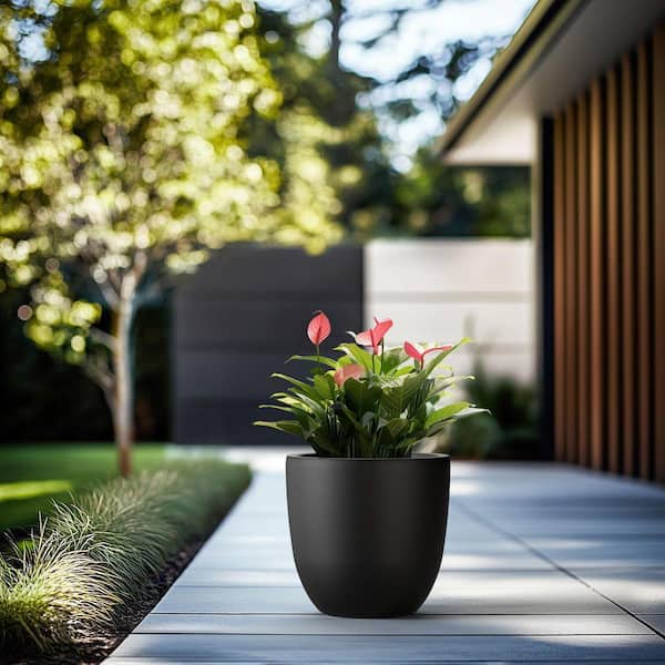Large Black Concrete Tapered Cylinder Round Planter Lightweight with Drainage Hole (14 in. L x 14 in. W x 12 in. H)