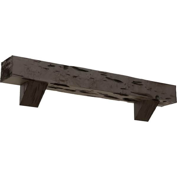 Ekena Millwork 6 in. x 10 in. x 5 ft. Pecky Cypress Faux Wood Fireplace Mantel Kit with Breckinridge Corbels, Natural Honey Dew