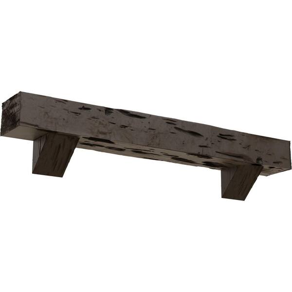 Ekena Millwork 8 in. x 12 in. x 6 ft. Pecky Cypress Faux Wood Fireplace Mantel Kit, Breckinridge Corbels, Natural Honey Dew