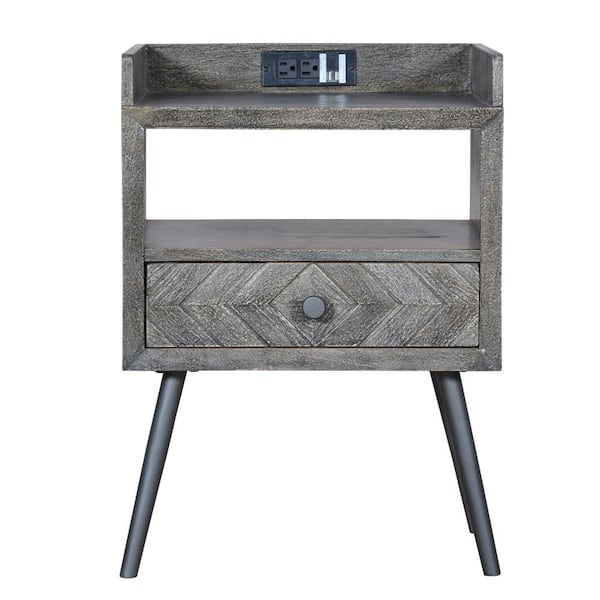 THE URBAN PORT 1-Drawer Gray Raised Top Wooden Nightstand 15 in. L x 18 in. W x 25 in. H