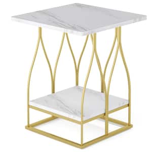 Eric 19.69 in. Gold Short Square White Faux Marble Veneer Wood End Table with Storage Shelf