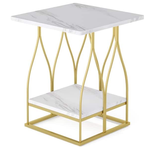 Tribesigns Eric 19.69 in. Gold Short Square White Faux Marble Veneer Wood End Table with Storage Shelf
