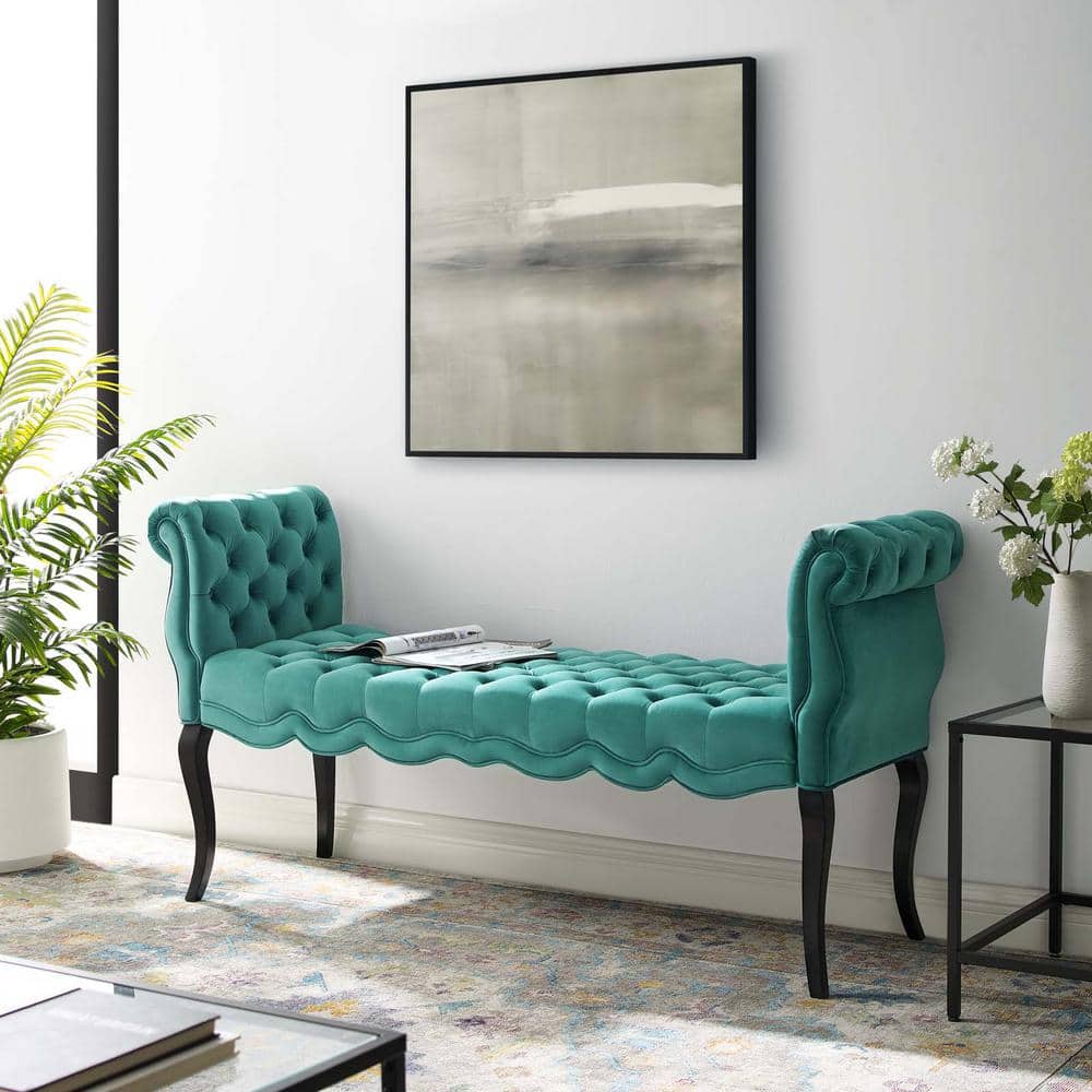 Adelia Teal Velvet Button Tufted Storage Bench with Rolled Armrests