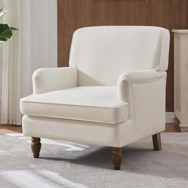 Modern Cream(White) Linen Upholstered Accent Arm Chair with Antique Rubber Wood Legs