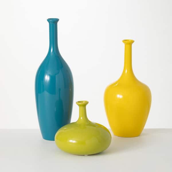 SULLIVANS 16.5", 13.5", and 7" Citrus Glazed Slim Neck Ceramic Vases (Set of 3)