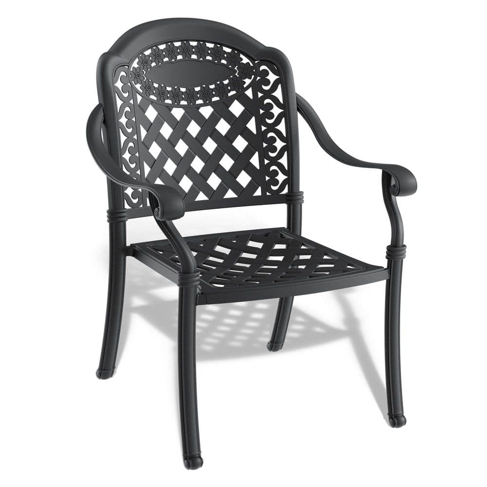 A single black aluminum outdoor dining chair without cushions.