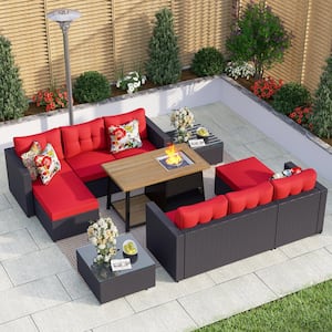 Black Rattan Wicker 6 Seat 7-Piece Steel Outdoor Fire Pit Patio Set with Red Cushions and Rectangular Fire Pit Table